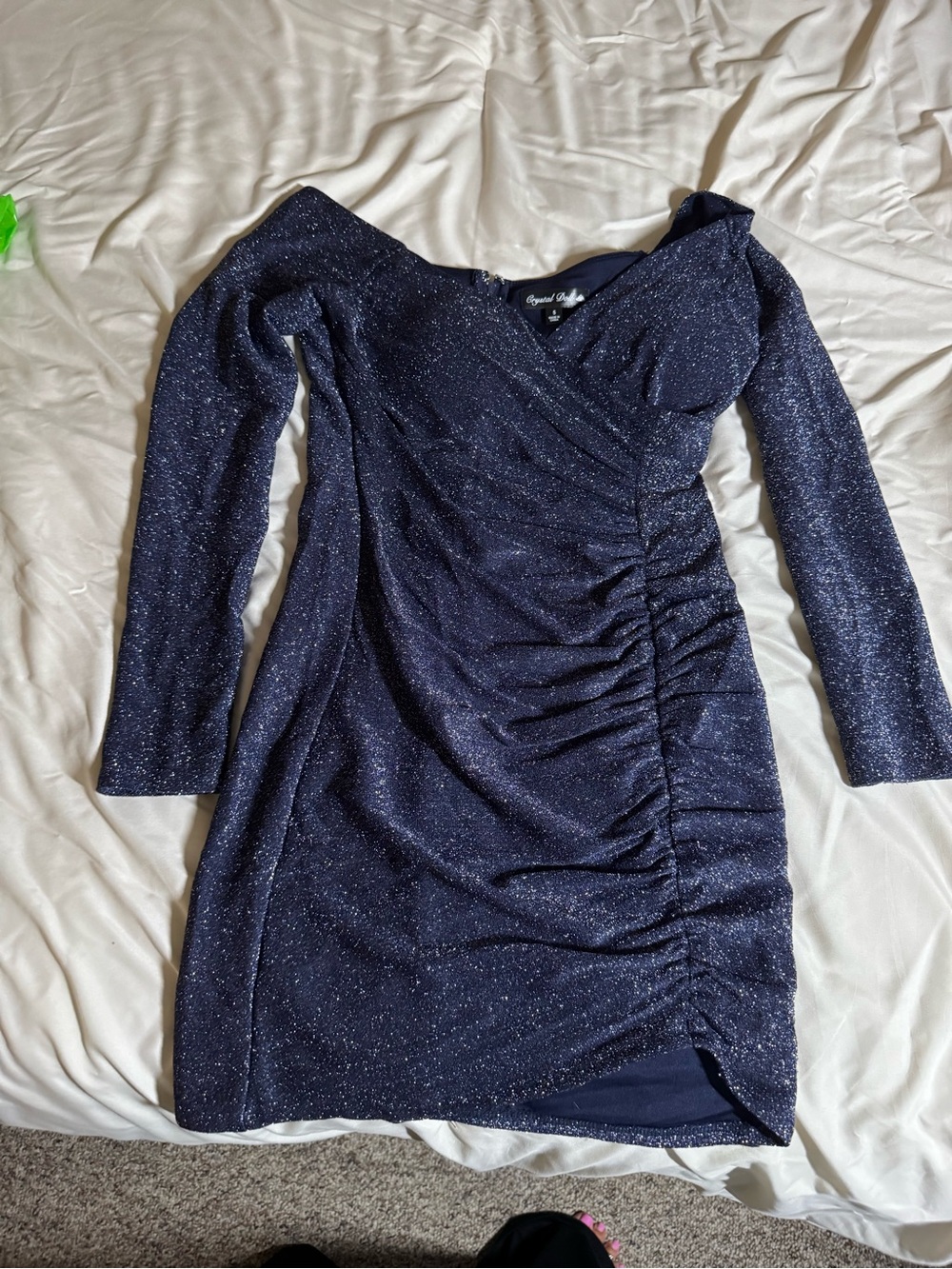 Crystal Doll Glitter Navy Ruched Long Sleeve Dress